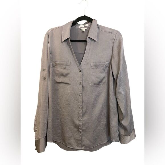 Express 	Women's Silver Metallic Slim Portofino Button Down Blouse - Picture 1 of 5